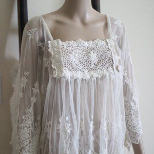 Women's Floral Embroidered Black White Sheer Shirt with Scalloped Hem